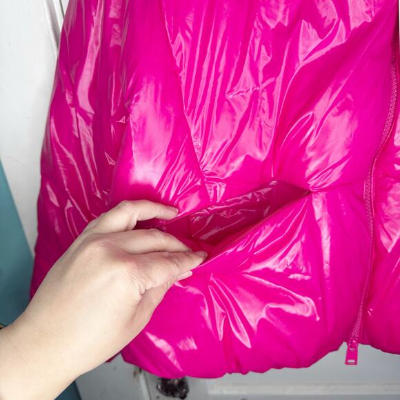 Zara Glossy Shiny Vinyl Puffer Jacket Hot Pink High Neck NEW Size Large L Baddie - Picture 9 of 16